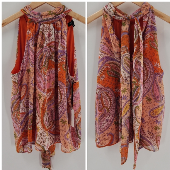 1. State Tops - 1. State Orange Paisley Sleeveless Halter Top w/ Tie Neck Womens Size Sm…